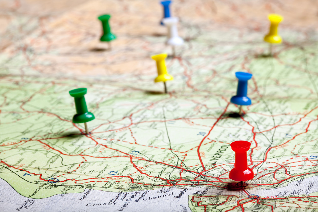 Pins on map for road trip destinations